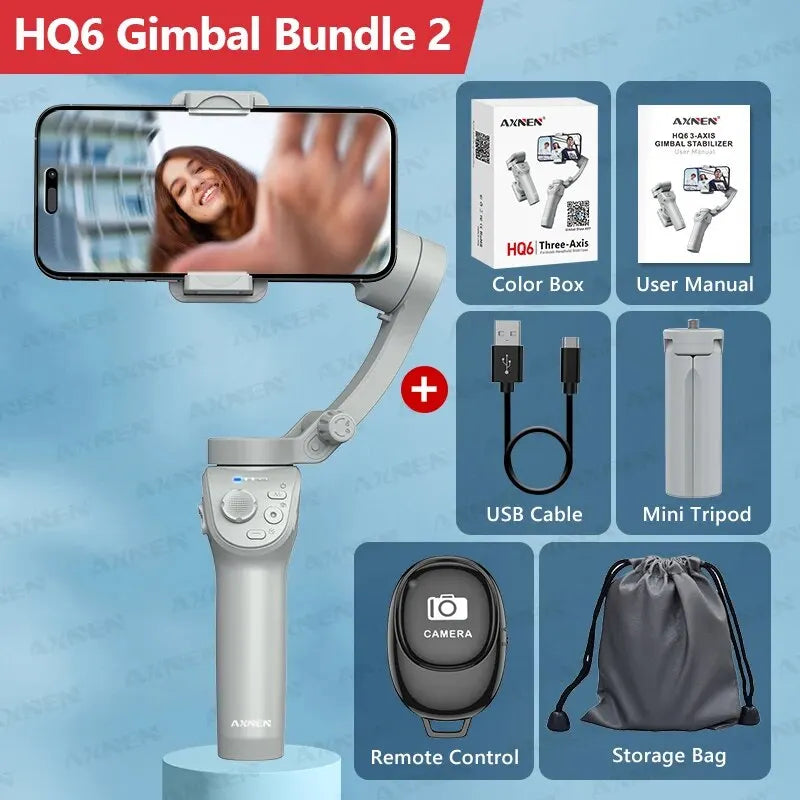 HQ6 3-Axis Gimbal Handheld Stabilizer – With Fill Light, Face Tracking, Anti-Shake for Android & iPhone Video Recording