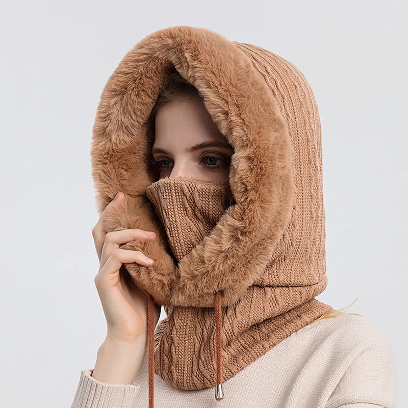 Winter Fur Cap Mask Set – Hooded Knitted Cashmere Neck Warmer, Plush Windproof Balaclava Ski Beanie for Women