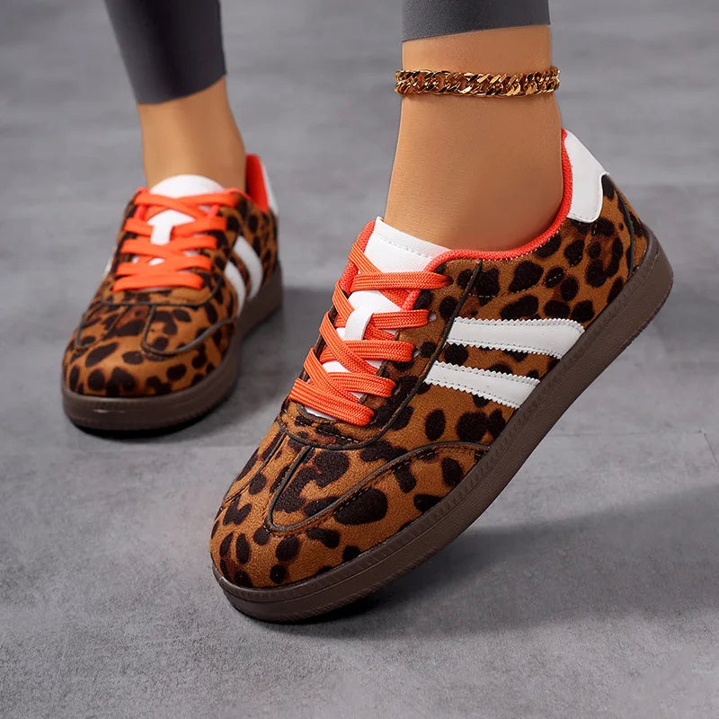 Women’s 2025 Leopard Print Sneakers – Fashionable Outdoor Lace-Up Casual Shoes, Lightweight Comfortable Non-Slip Flats