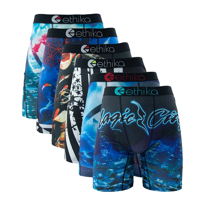 ETHIKA 6-Pack Men’s Boxer Briefs – Breathable Printed Underwear Trunks, Sexy Swim Underpants, Plus Size S–3XL Comfortable Boxers for Men