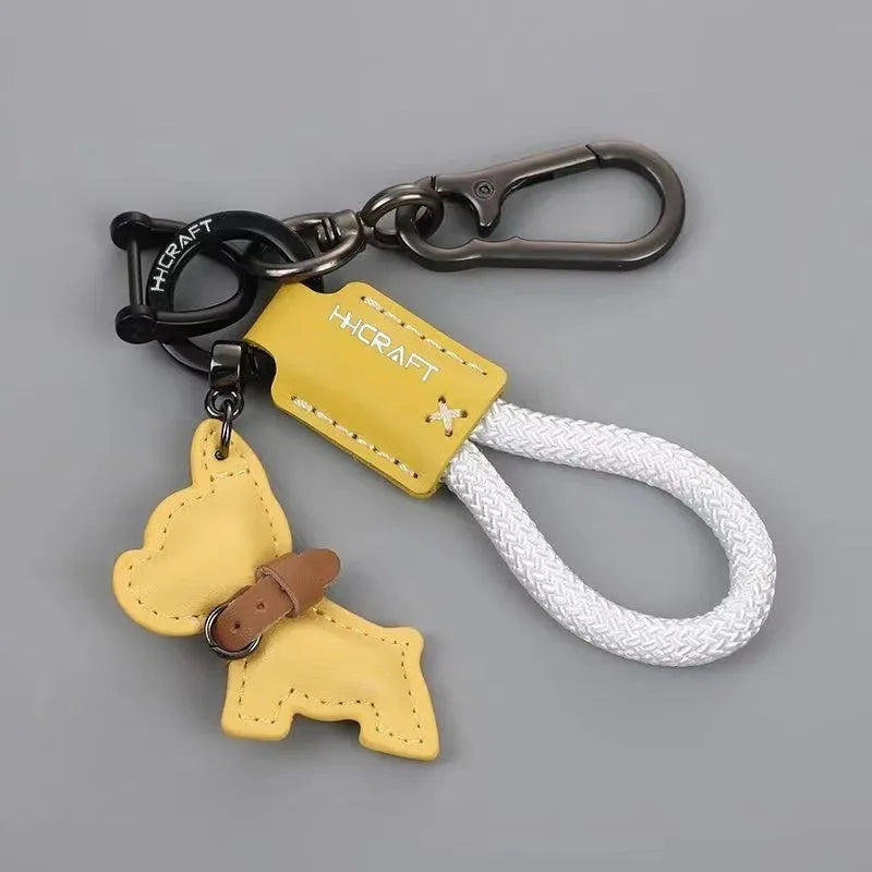 French Bulldog Leather Keychain - Handmade Braided Rope Key Holder with Anti-Loss Strap for Car, Women & Men