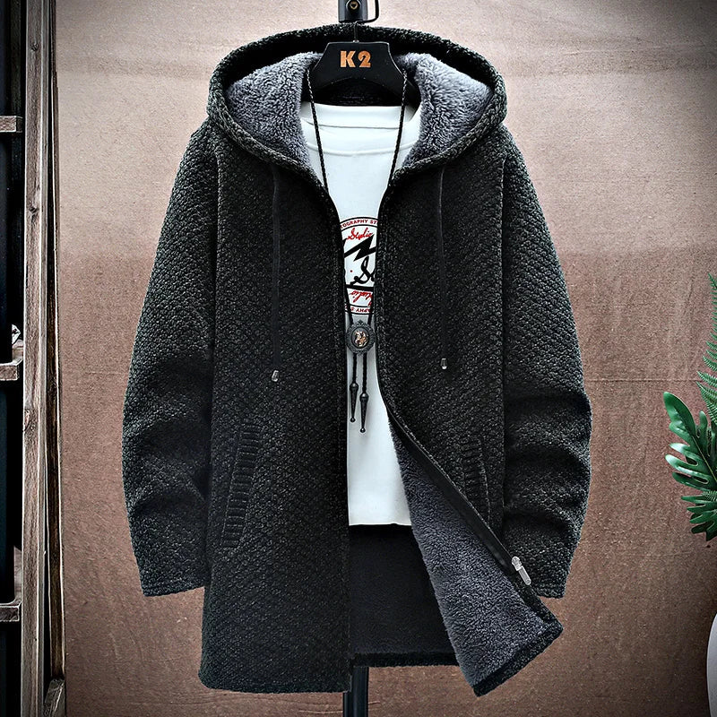 Men's Cashmere Hooded Cardigan Coat – Warm Fleece Long Sweater Jacket for Autumn Winter