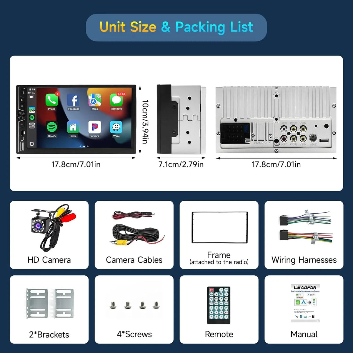 7" Double DIN Car Stereo - Wireless Apple CarPlay & Android Auto Touchscreen Radio