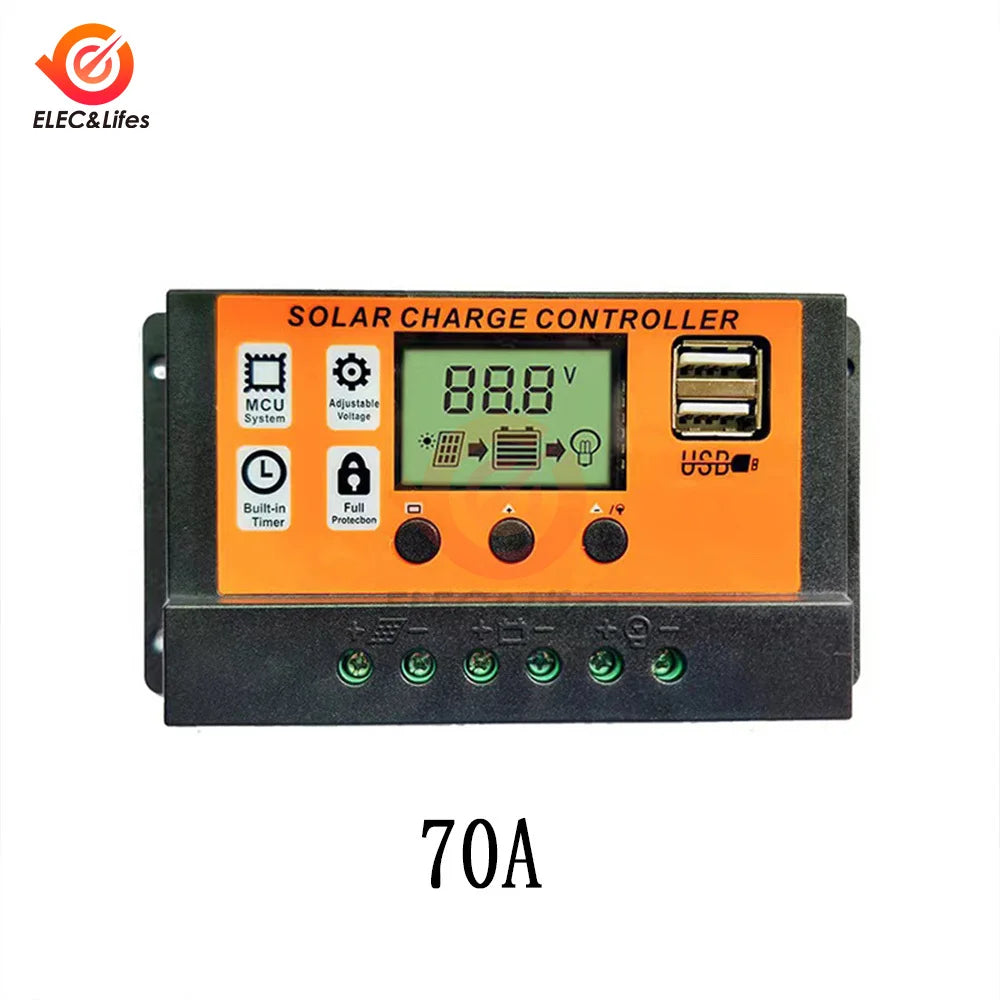 100A Solar Charge Controller - 12V/24V Adjustable LCD Display Solar Panel Battery Regulator with USB Port
