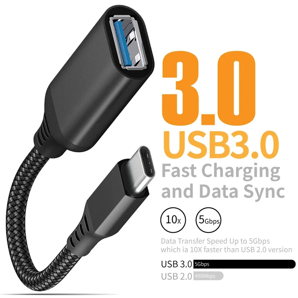 USB 3.0 OTG Adapter Cable - Type C to USB A Male-Female Extension Cable for Phones, Tablets, PCs & Car Devices