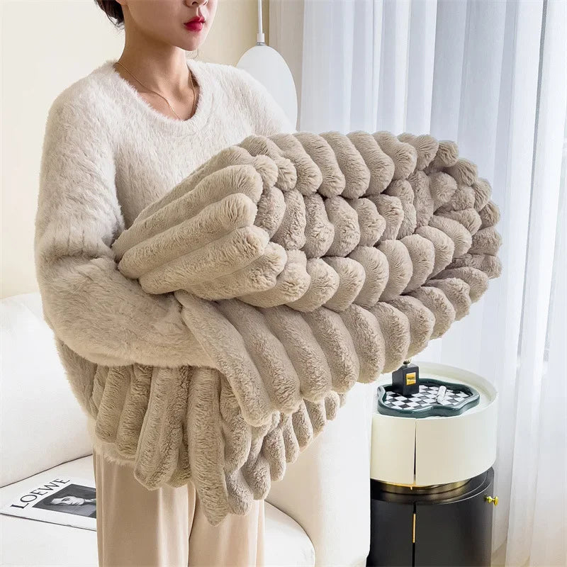 Solid Color Rabbit Plush Blanket - Office Nap Shawl, Air Conditioning Blanket & Sofa Cover