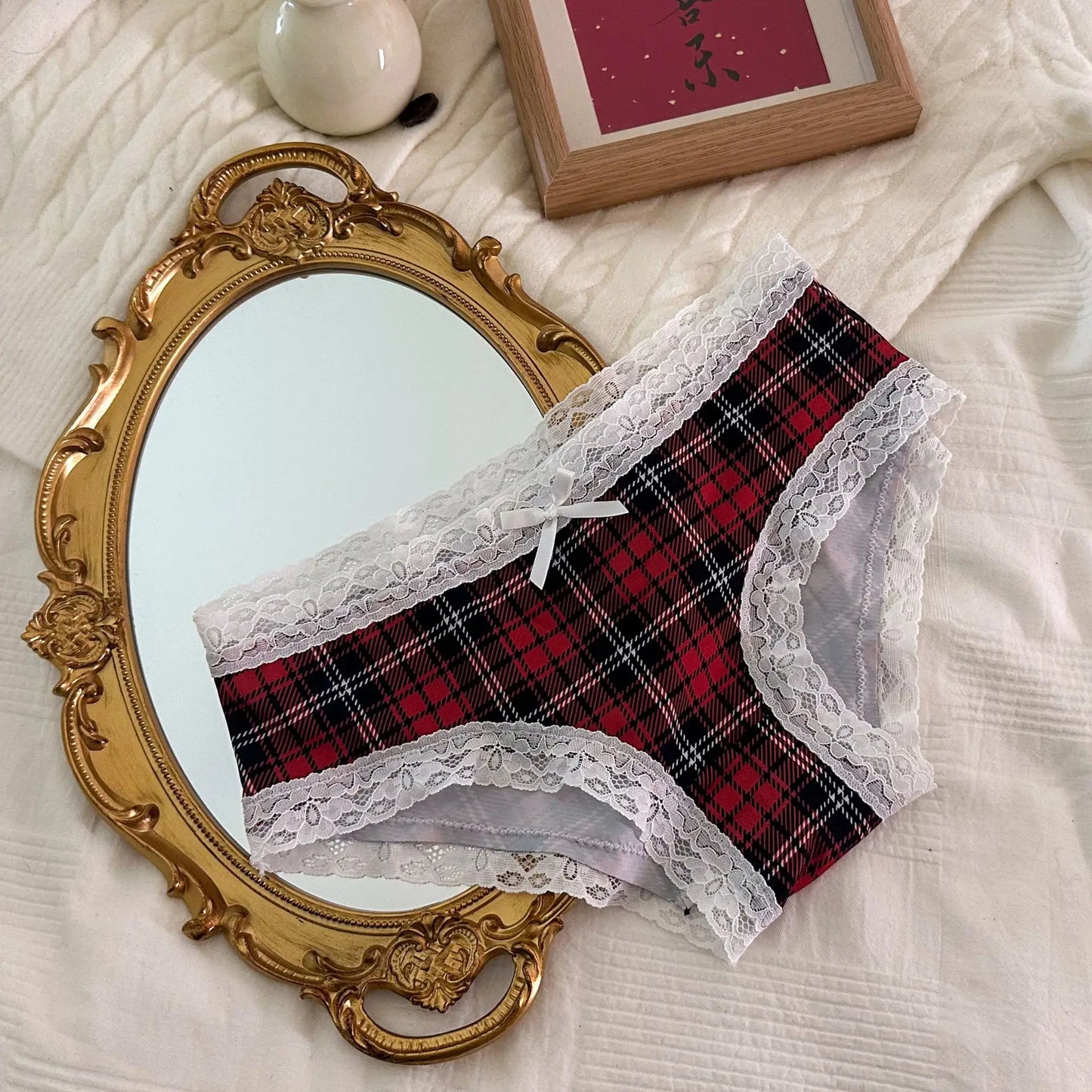 Sexy Lace-Trimmed Bow Tie Panties – Black & Red Checkered Kawaii Women’s Briefs for Party, Holiday & Vacation