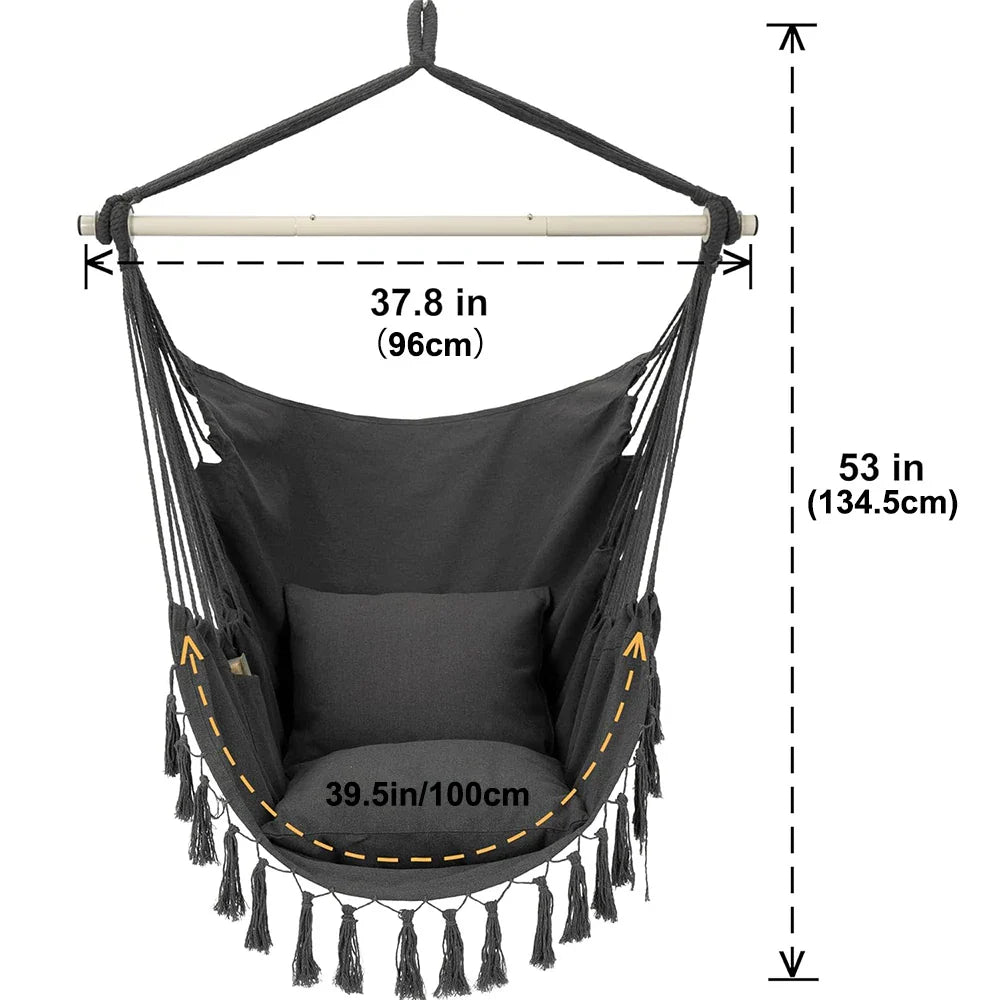 Macrame Hanging Chair with 2 Pillows – 500lb Cotton Rope Swing with Pocket Design for Indoor & Outdoor Use