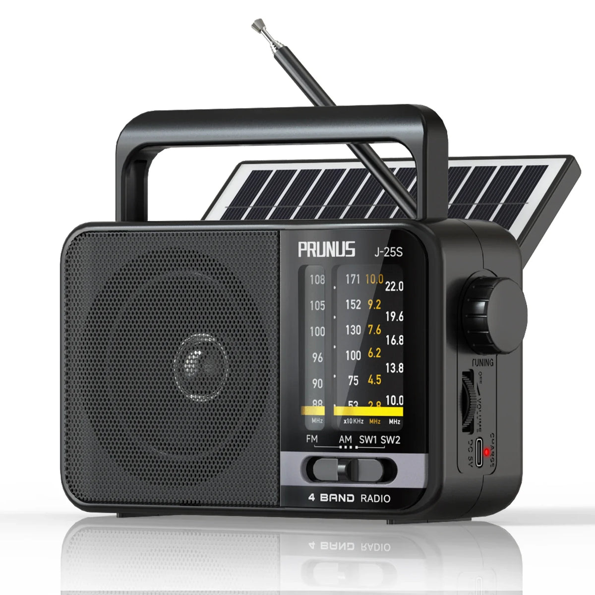 J-02S Portable AM/FM/SW Radio – Dual Antenna Solar Rechargeable 1800mAh Battery, Bluetooth Music Player for Outdoor Emergency Use