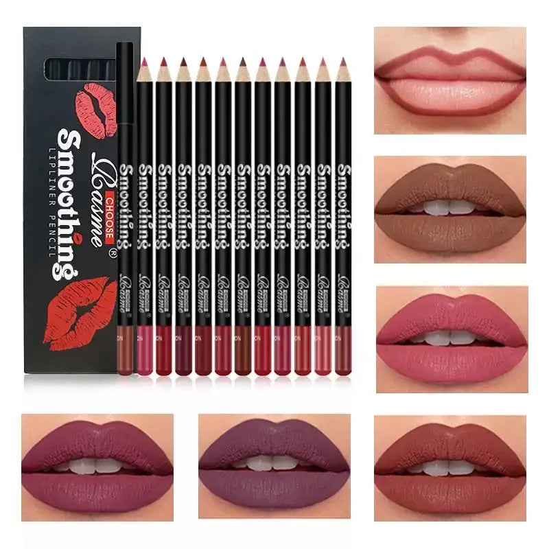 12-Color Waterproof Lip Liner Pen Set – Long-Lasting, Non-Stick, Easy Glide Lipstick Pencil for Makeup