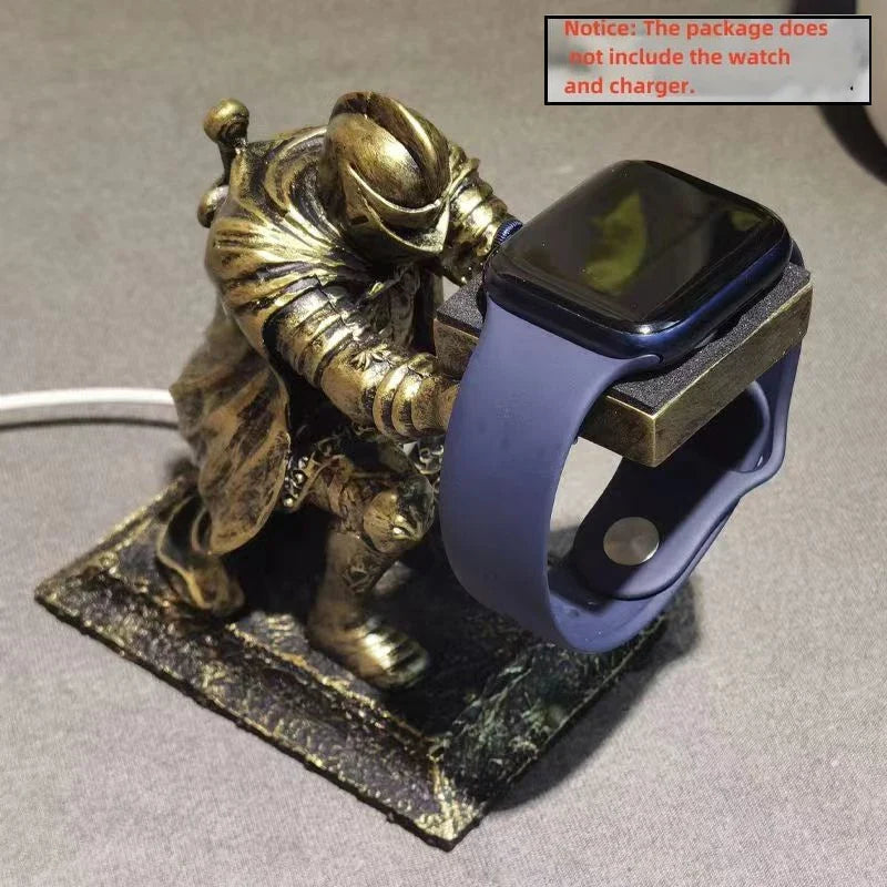 Apple Watch Charging Dock Stand – Cartoon Desktop Smartwatch Holder with Black Warrior Figurine Support