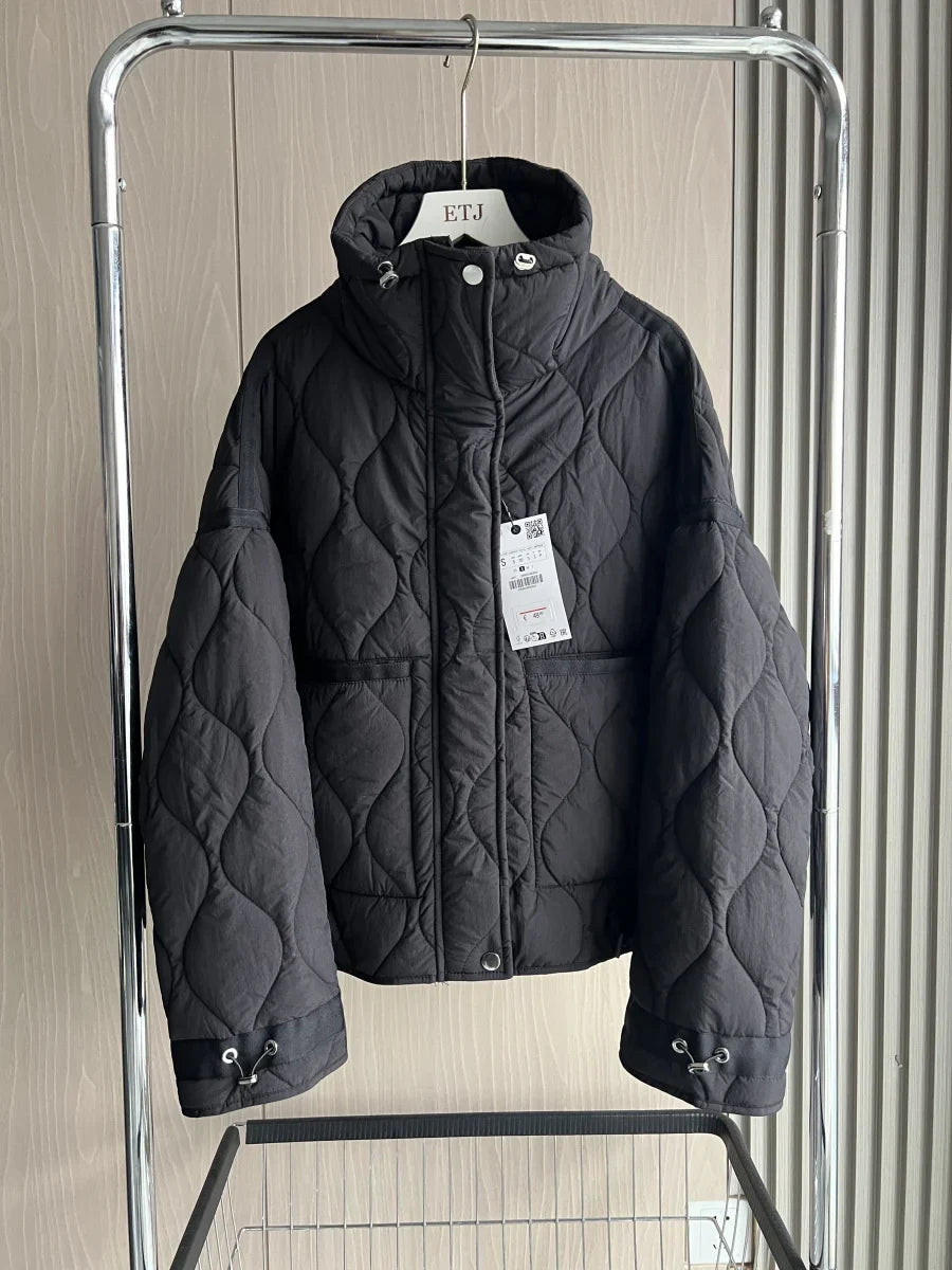 2024 ETJ Quilted Women's Coat – Beige Drawstring High Neck Jacket with Ties & Pockets