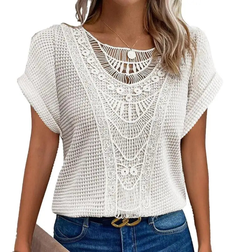 Women’s Lace Stitching T-Shirt – Casual Summer Short Sleeve Round Neck Loose Fit Top for Office & Everyday Wear