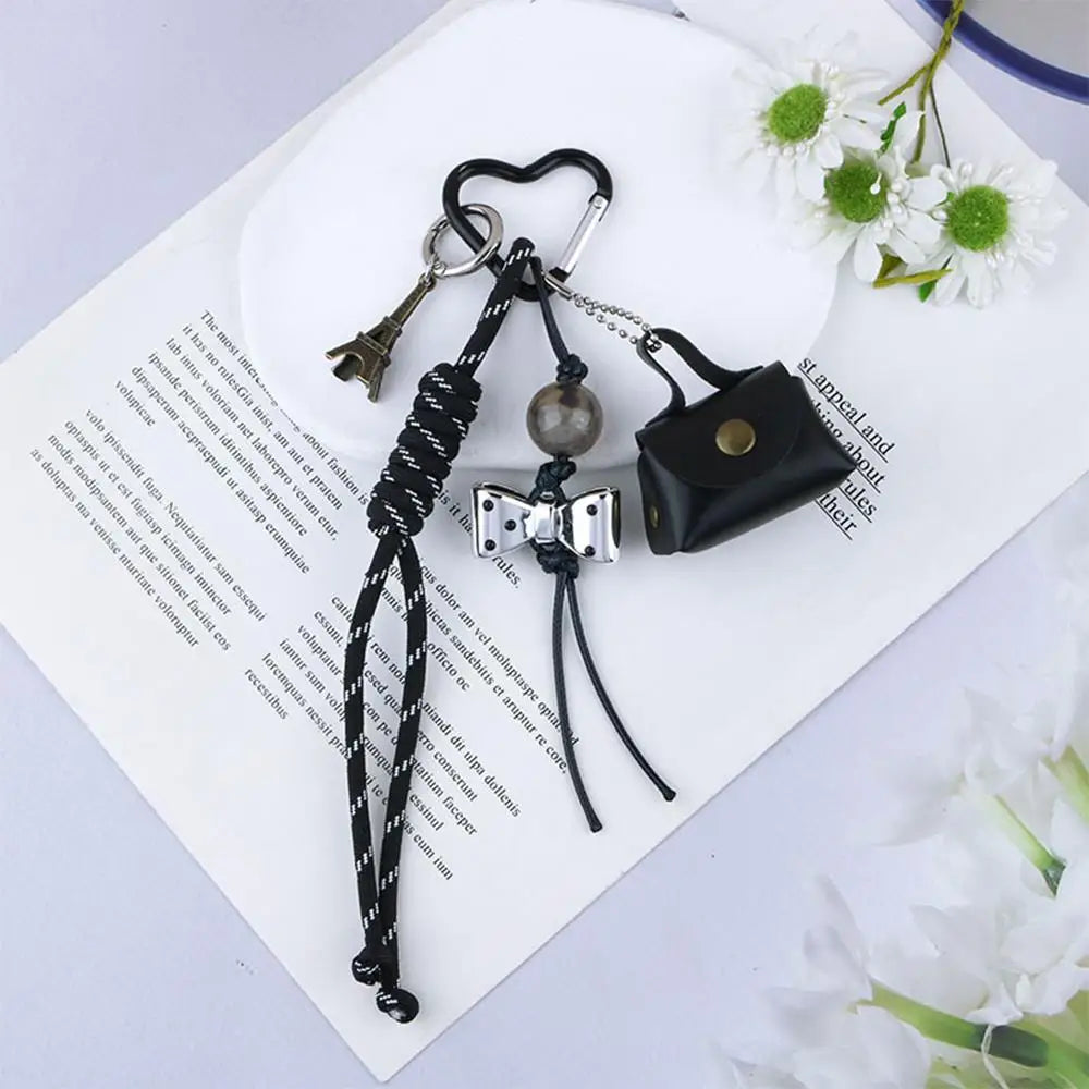 Y2K Leather Rope Keychain with Cherry Bow – Cute 3D Heart Bag Pendant Cartoon Keyring & Anti-Lost Phone Lanyard