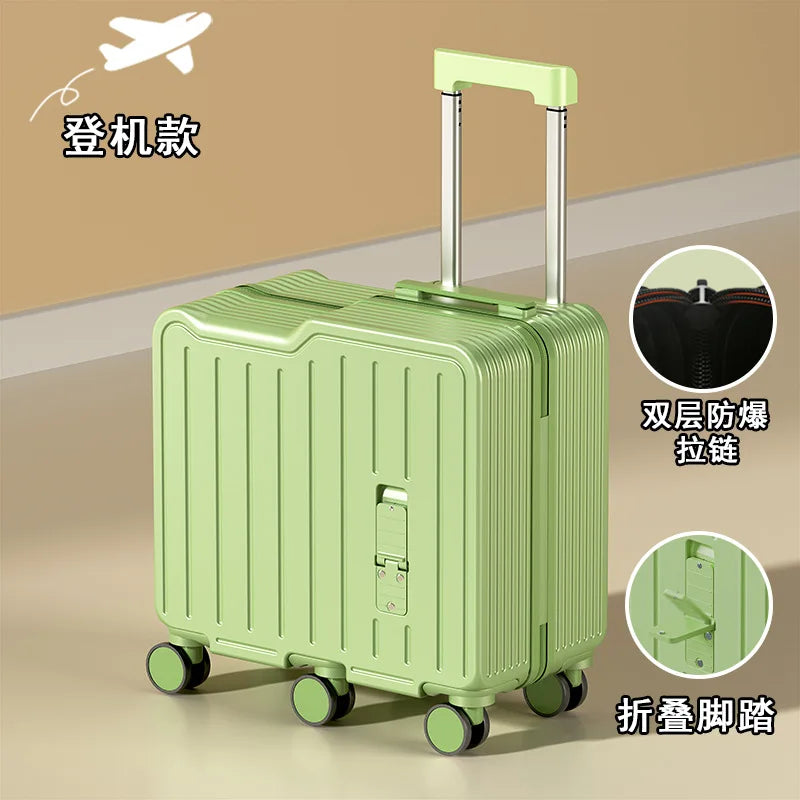 2024 Kids 20-Inch Travel Suitcase – Mini Luggage with Six Wheels, Sitting & Riding Feature, Folding Foot Pedal