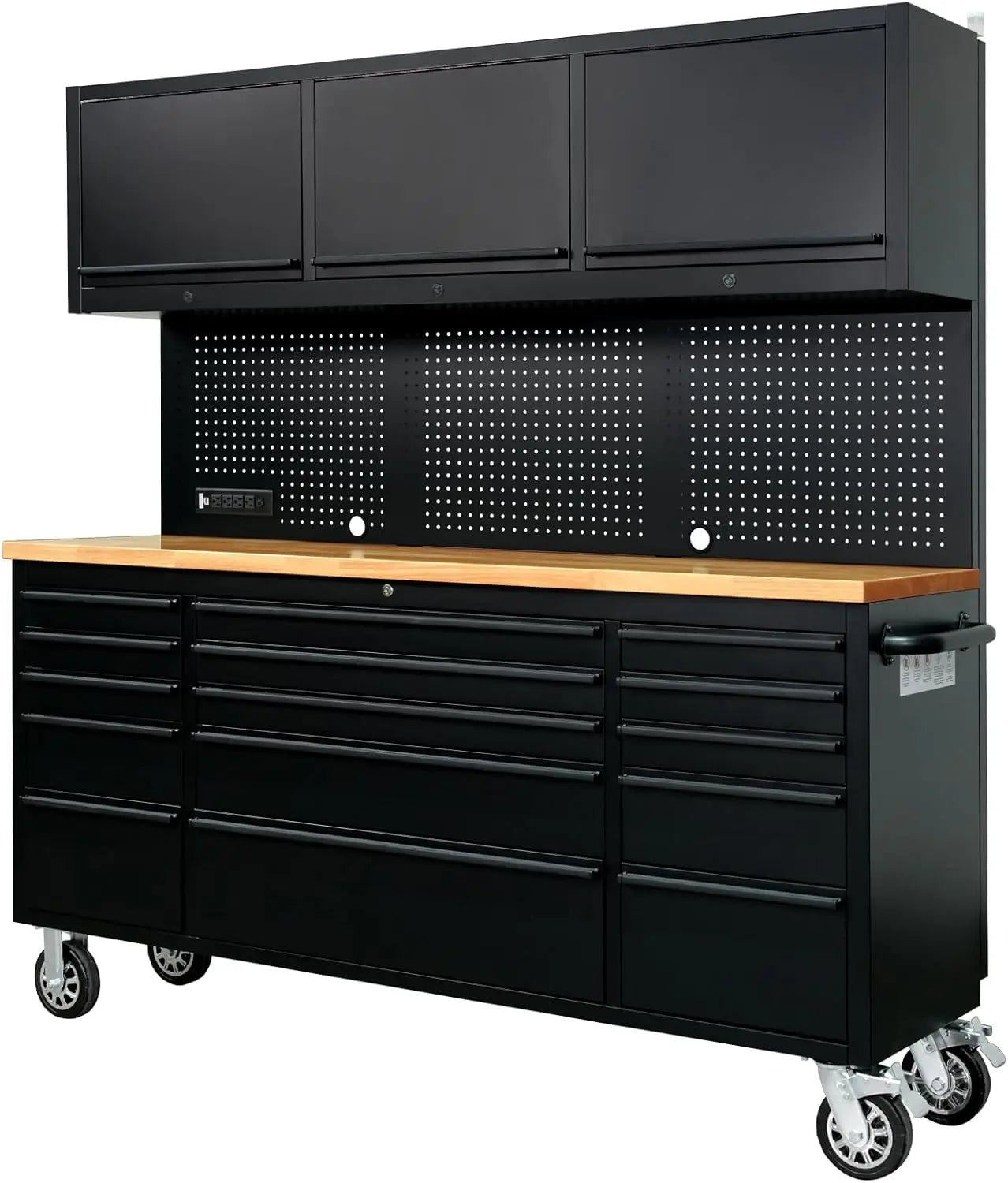 72-Inch Tool Chest Tool Box with 15 Drawers & 3 Upper Cabinets - Mobile Rolling Cabinet with Wheels, SS Pegboard, Locking Key Storage