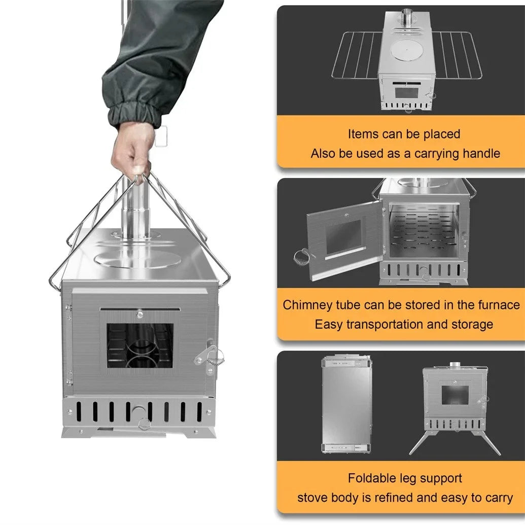 Hot Tent Wood Burning Stove – Portable Unho Stove with 6 Stainless Chimney Pipes for Outdoor Heating & Cooking