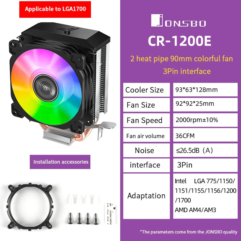 Jonsbo CR1200 CPU Cooler — 2 Heat Pipe Tower with RGB 9cm Fan for Intel LGA115X/775 & AMD AM4