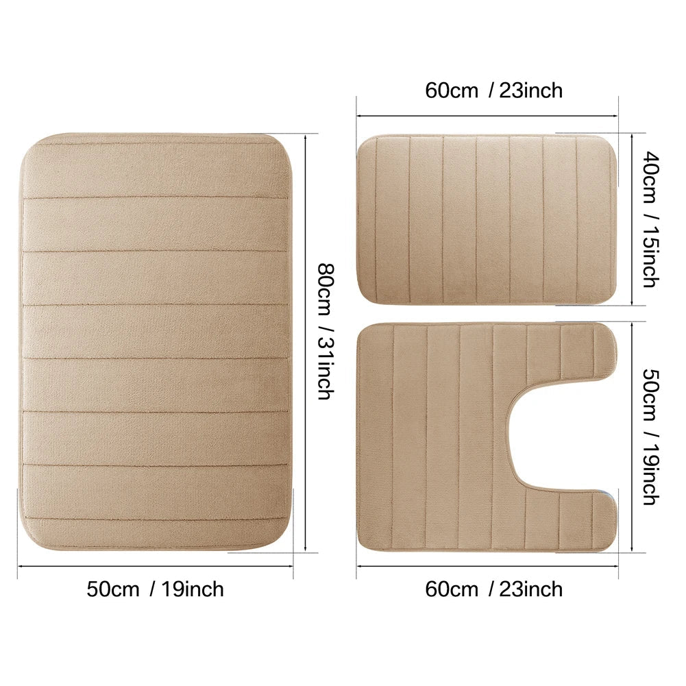 3PC Set Non-Slip Memory Foam Bath Mats - Soft, Water Absorbent, Quick-Dry, Machine Washable Floor Rugs
