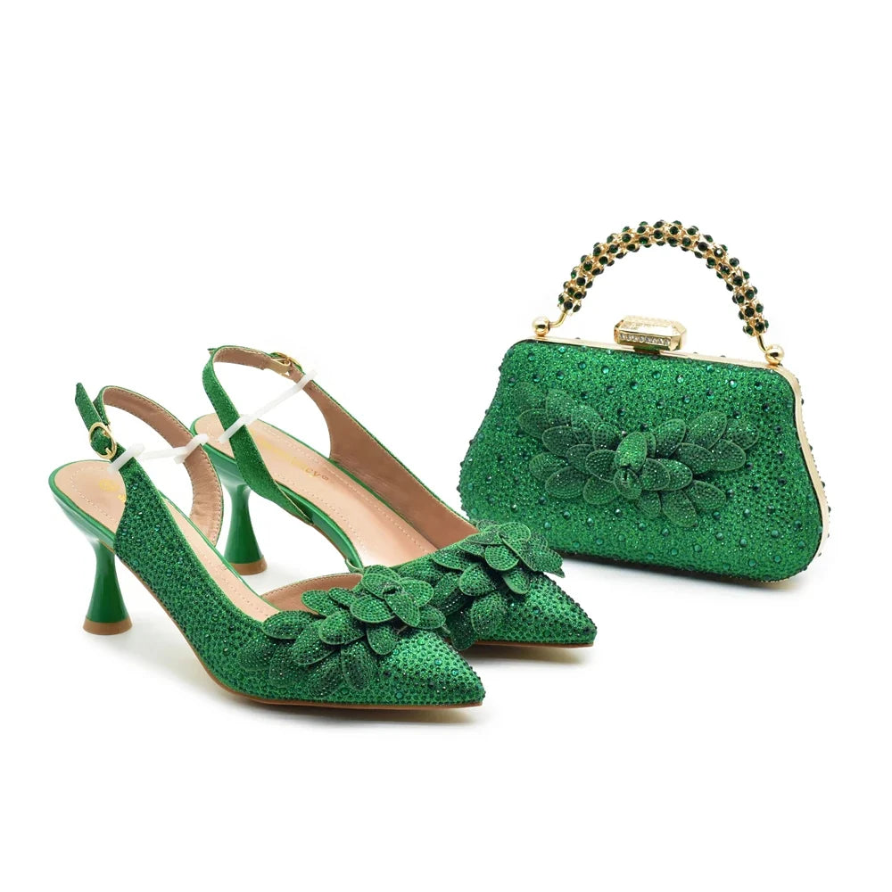 Women's Luxury Diamond Shoe & Bag Set - Italian Style High Heels & Matching Pumps