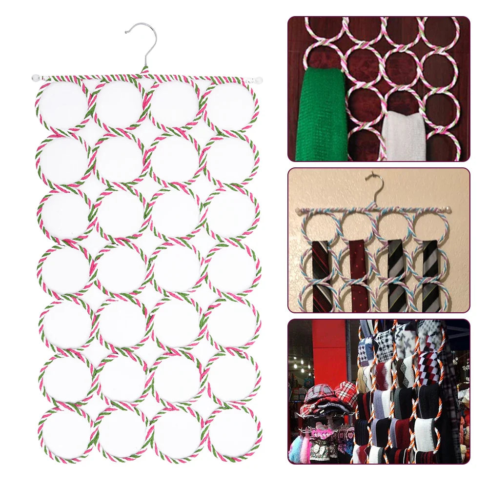 28-Hole Foldable Scarf Organizer - Rattan Weave Tie, Belt, and Shawl Hanger, Wardrobe Storage Display Rack