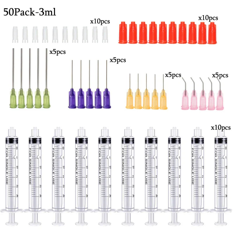 50-Pack Syringes with Blunt Tip Needles — 14G-23G with Caps for Refilling & Measuring Liquids
