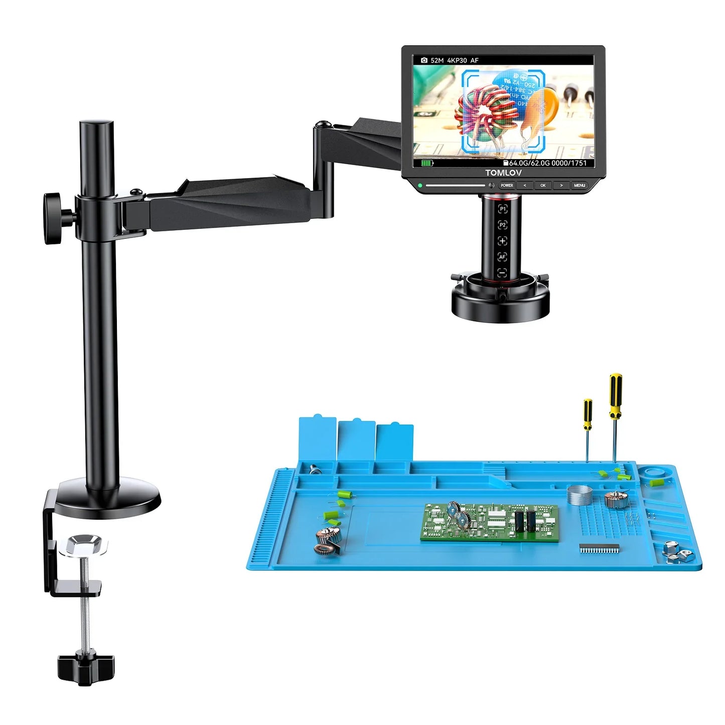 TOMLOV TM4K-AF 4K Digital Microscope β 2000X Autofocus HDMI Microscope with 8" Display & Flex Arm for Electronics & Phone Repair