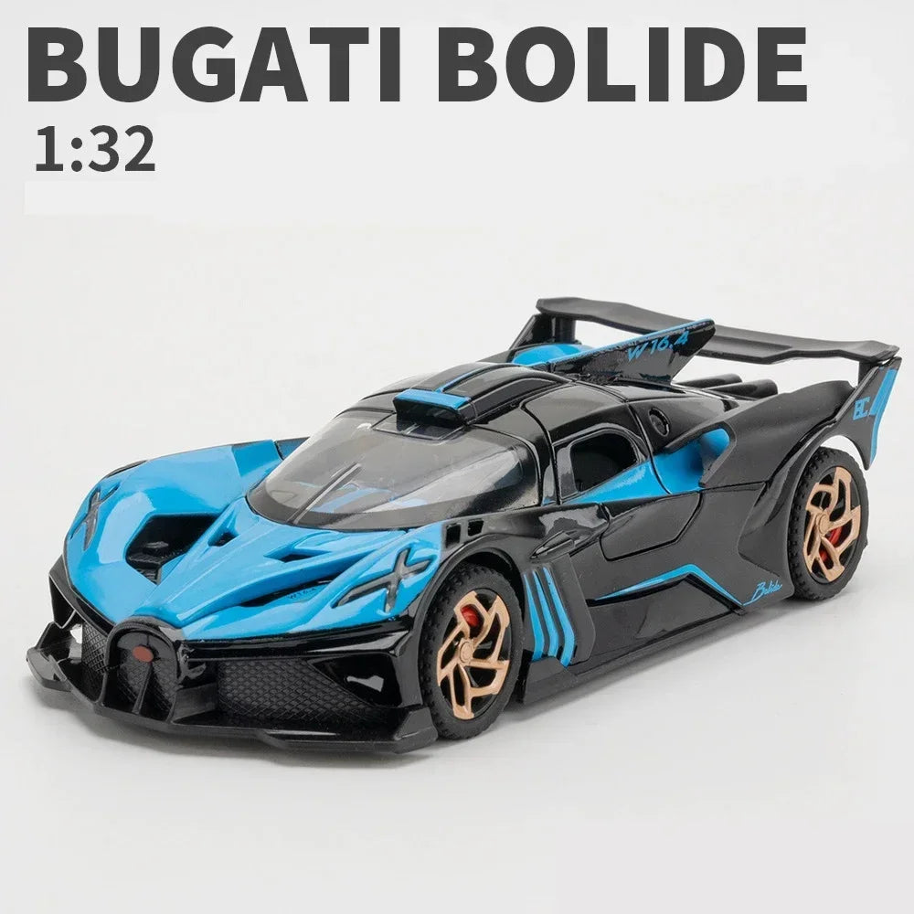 1/32 Bugatti Bolide Alloy Sports Car Model — Diecast Metal Vehicle with Sound & Light, Pull-Back Toy for Boys