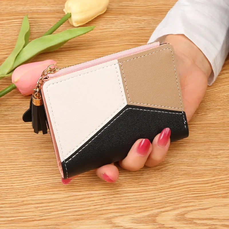 Fashion Women’s Zipper Wallet – Short Patchwork Leather Coin Purse, Card Holder & Phone Pouch Clutch
