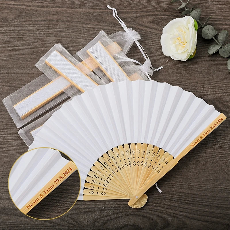 50-100 Personalized Engraved Folding Silk Hand Fans with Gift Bag - Custom Wedding Fans, Elegant Decorations