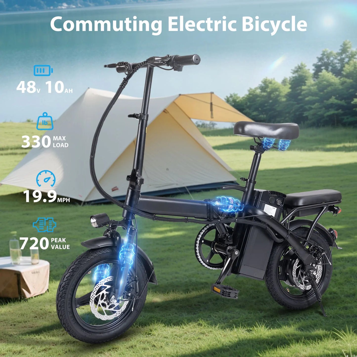400W Foldable Electric Bike for Adults — 14" Wheels, Dual Disc Brakes, Seat & Basket, 48V 10.4Ah, 22-Mile Range, 20MPH E-Bike