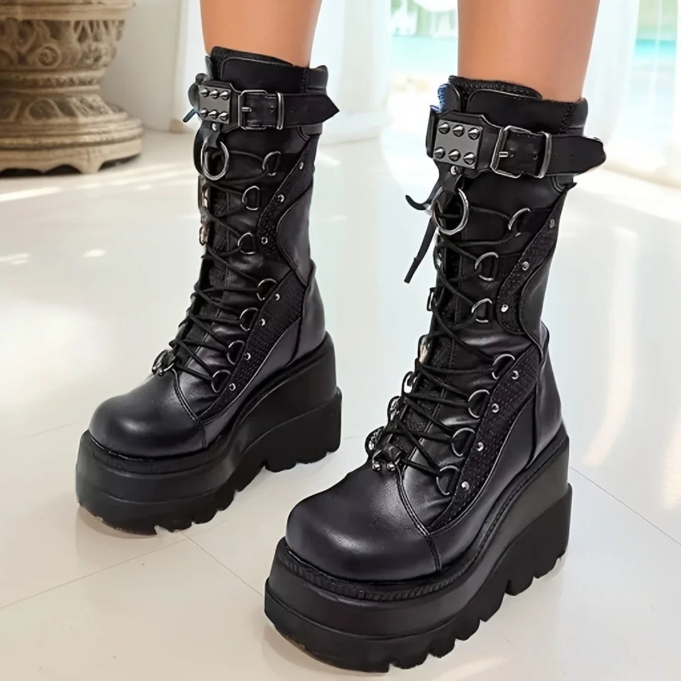 Brand New Women’s Goth Platform Boots – Punk Rivet Buckle Wedge High Heel Party Street Cosplay Shoes