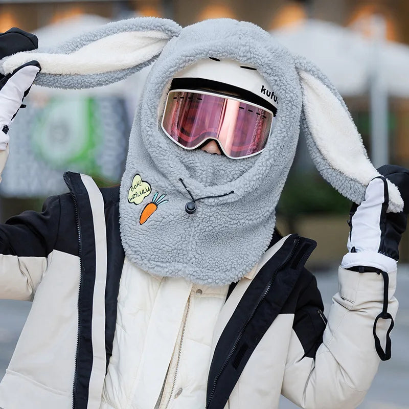 Winter Wool Ski Hat & Helmet Cover – Soft, Warm, Cute Cartoon Bunny Ears for Casual Skiing