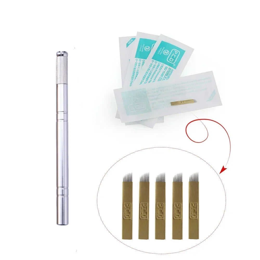 Golden Tebori 3D Tattoo Pen with 5pcs 12-Pin Microblading Needles — Professional Permanent Makeup Eyebrow Tattoo Set