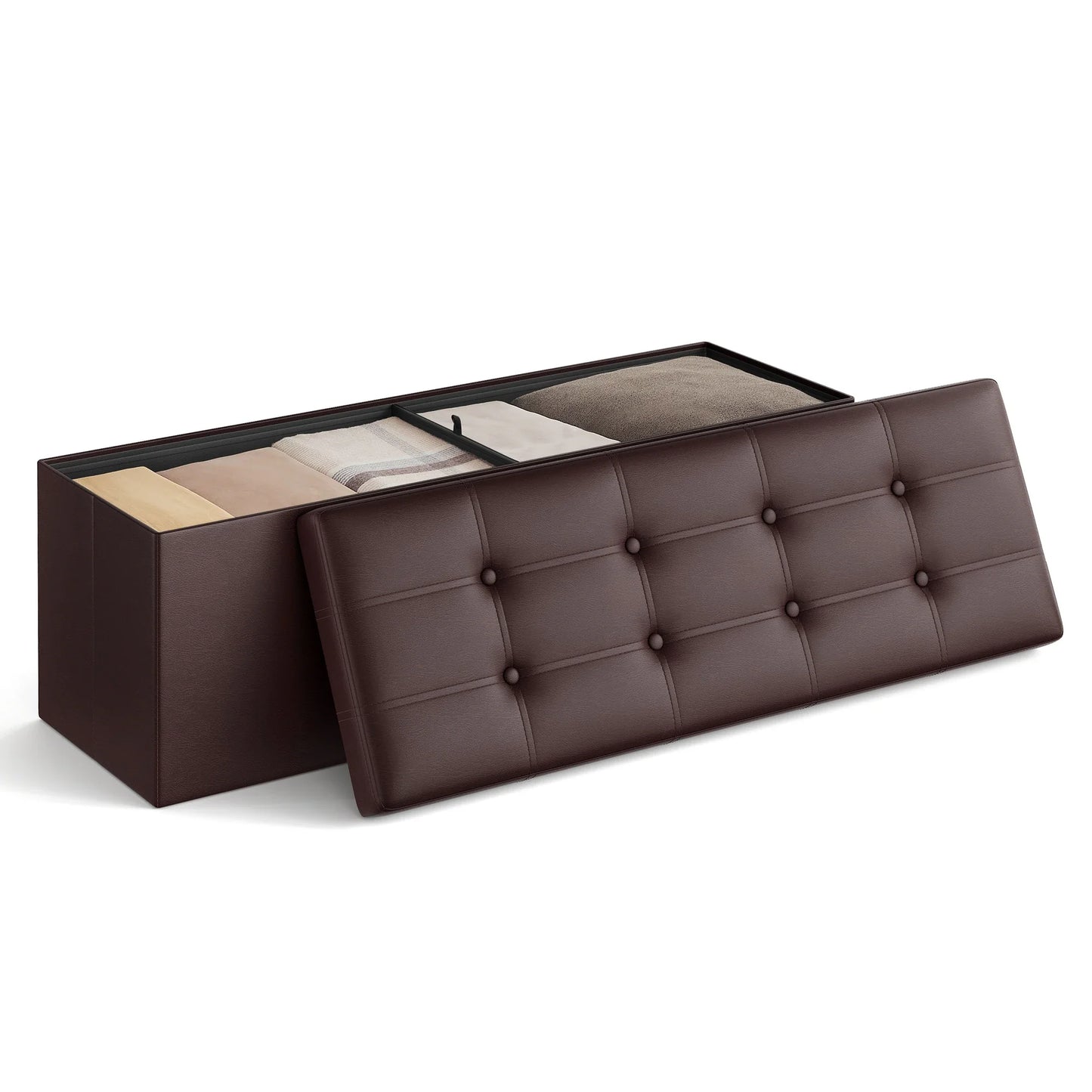 SONGMICS 43-Inch Folding Storage Ottoman Bench – Faux Leather Padded Seat, Storage Chest, Footrest & Coffee Table