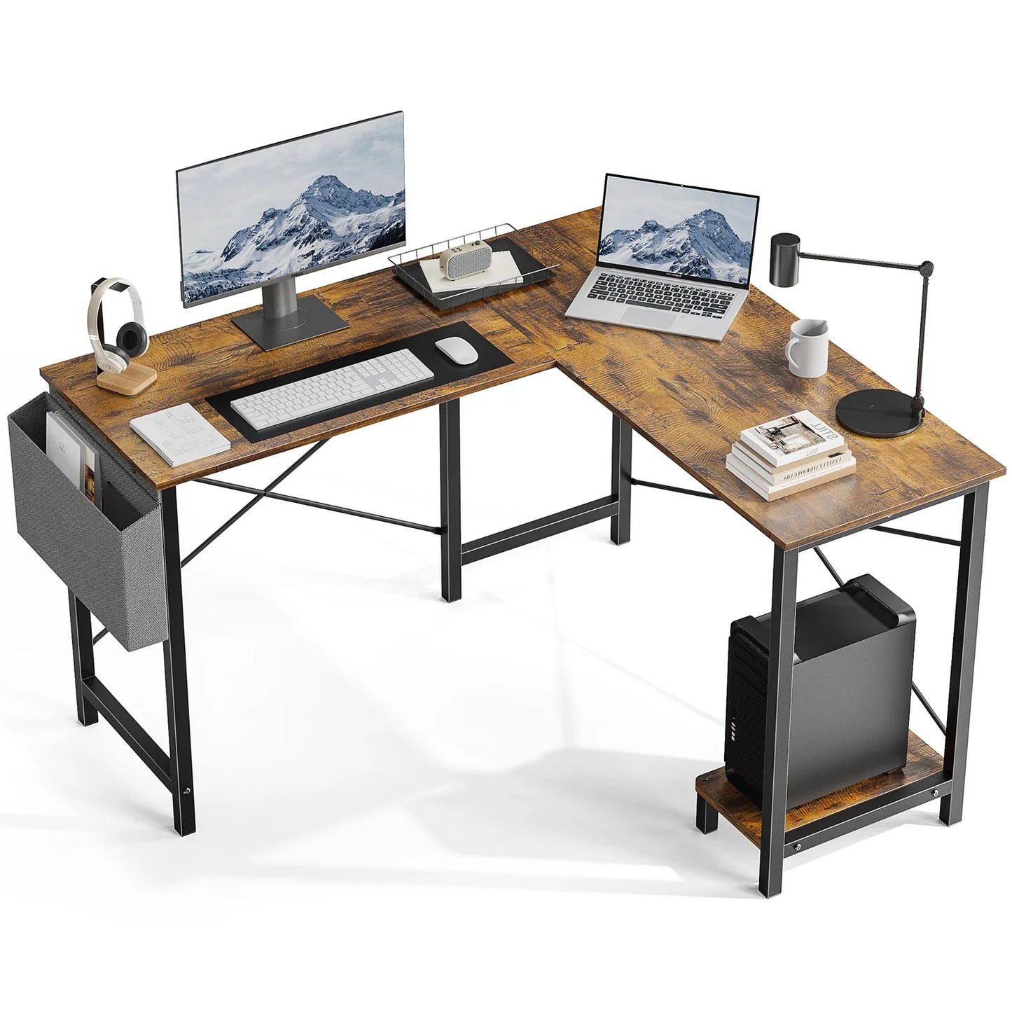50-Inch Gaming Corner Desk – Wooden Office Writing Table with CPU Storage Shelf & Side Bag for Small Spaces