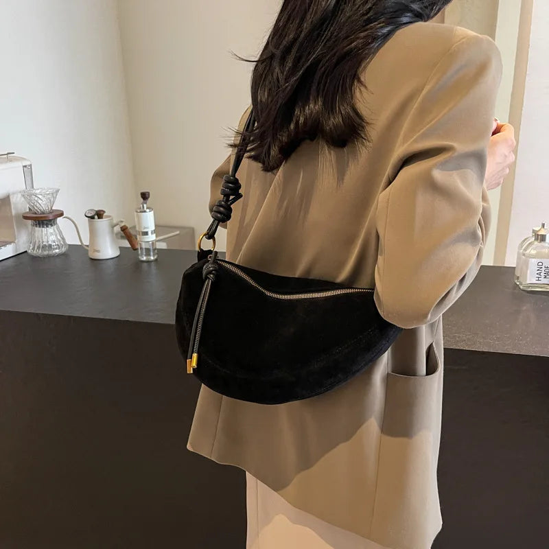 Faux Suede Women’s Shoulder Bag 2025 – Trendy Crossbody Underarm Dumpling Bag, Soft Suede Style Fashion Handbag