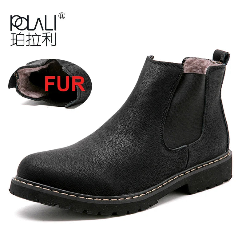 Men’s Winter Chelsea Boots – Black Split Leather Warm Plush Fur Lined Boots