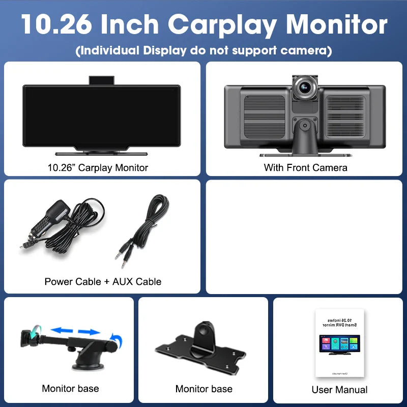 10.26" 4K Dash Cam Car Mirror — Wireless CarPlay Android Auto GPS Multimedia Rearview Camera Dashboard Monitor