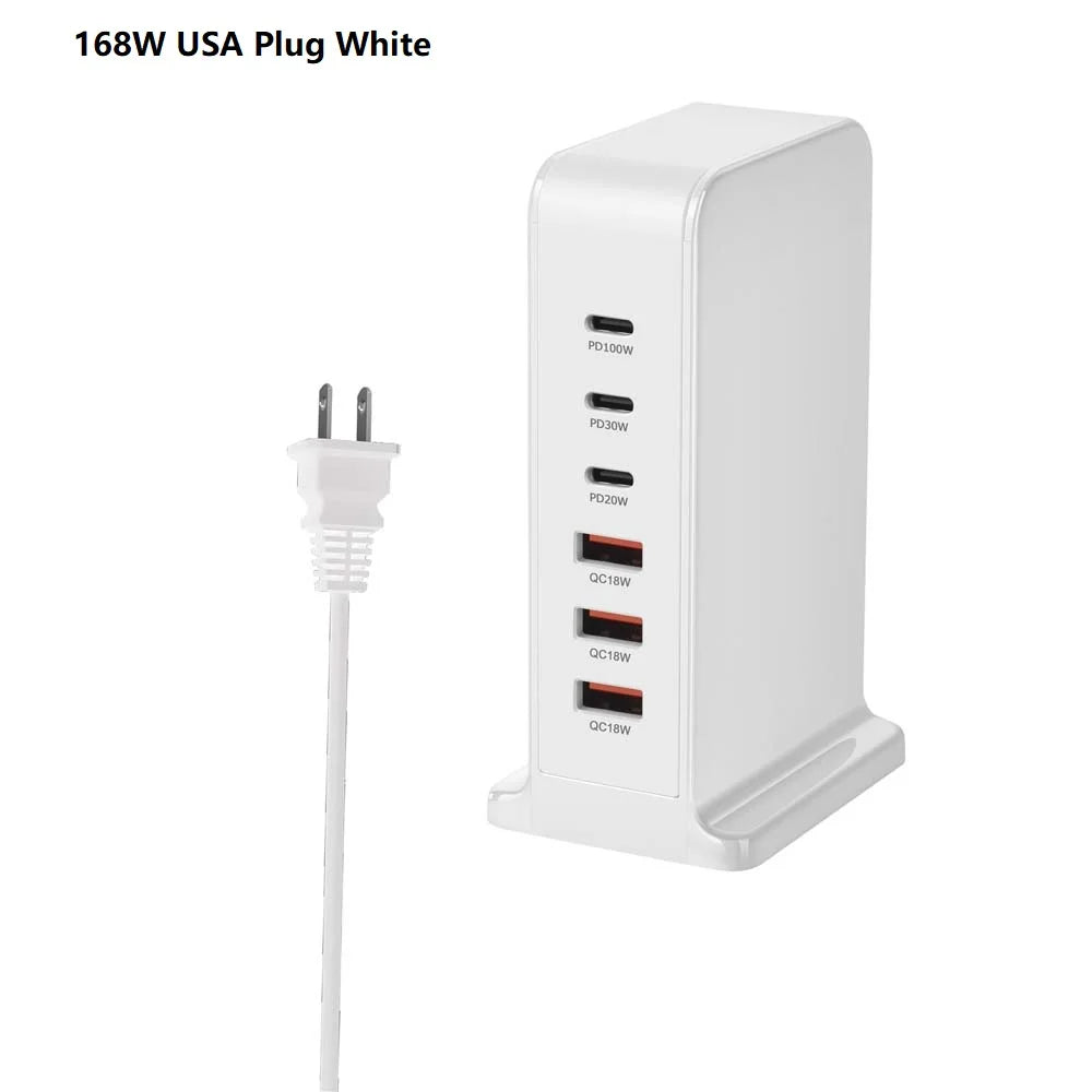 200W GaN Desktop Quick Charger - 168W PD, 6-Port USB Type C with USA, EU, AUS, UK Plug Adapters for Mobile Phones and Laptops