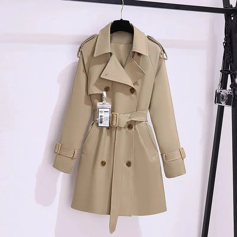 Women’s Trendy Trench Coat – Spring Autumn Slim Mid-Length Double-Breasted Belted Windbreaker