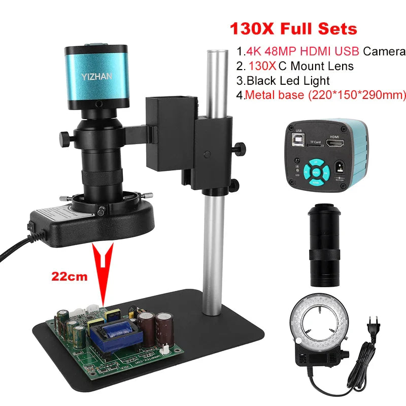 4K 48MP HDMI USB Industrial Microscope Camera – 1-130X/150X/180X Zoom C Lens for Soldering & Repair