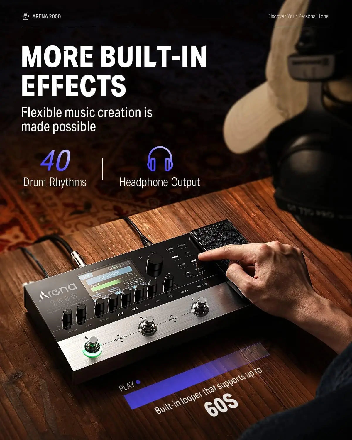 Donner Arena 2000 Multi-Effect Pedal – 278 Effects, IR AMP, Drum Looper, MIDI In, Software App for Electric Guitar