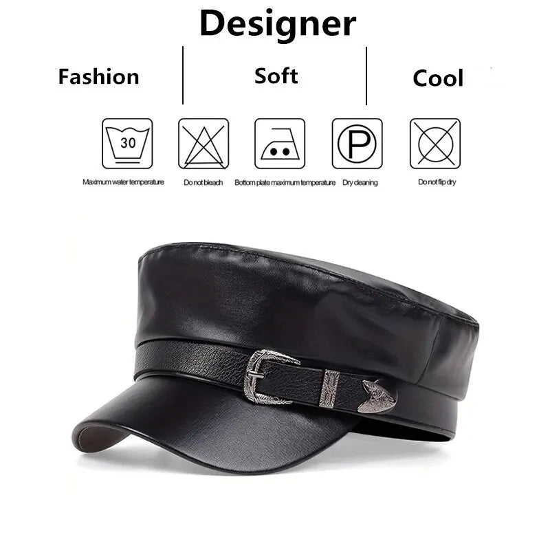 Fashion Women’s & Men’s Leather Sailor Hat – Large Belt Buckle Beret, Flat Top Captain Military Cap for Spring & Autumn