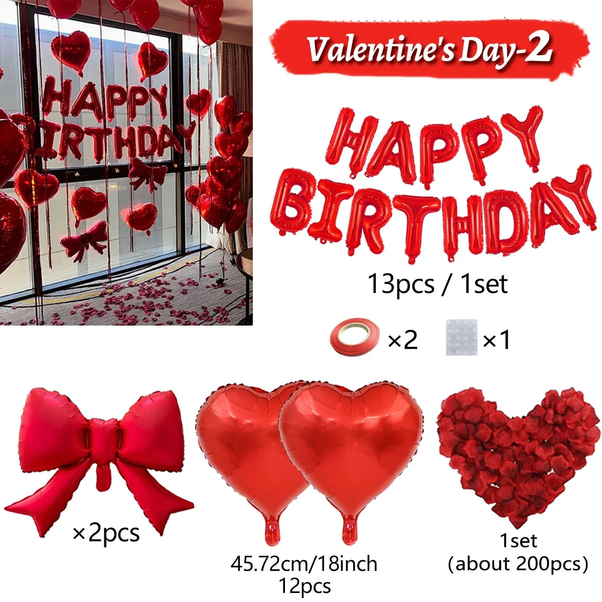 Red Birthday Balloon Set - Heart Foil Balloons with Bow & Simulated Rose Petals for Valentine’s Day Party Decor