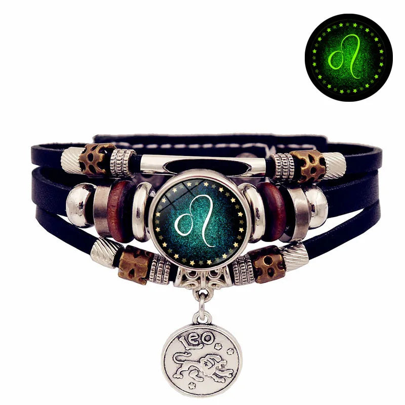 Starry Sky Zodiac Luminous Leather Bracelet - Multi-Layered Beaded Snap Closure for Men & Women, Friendship Bracelet