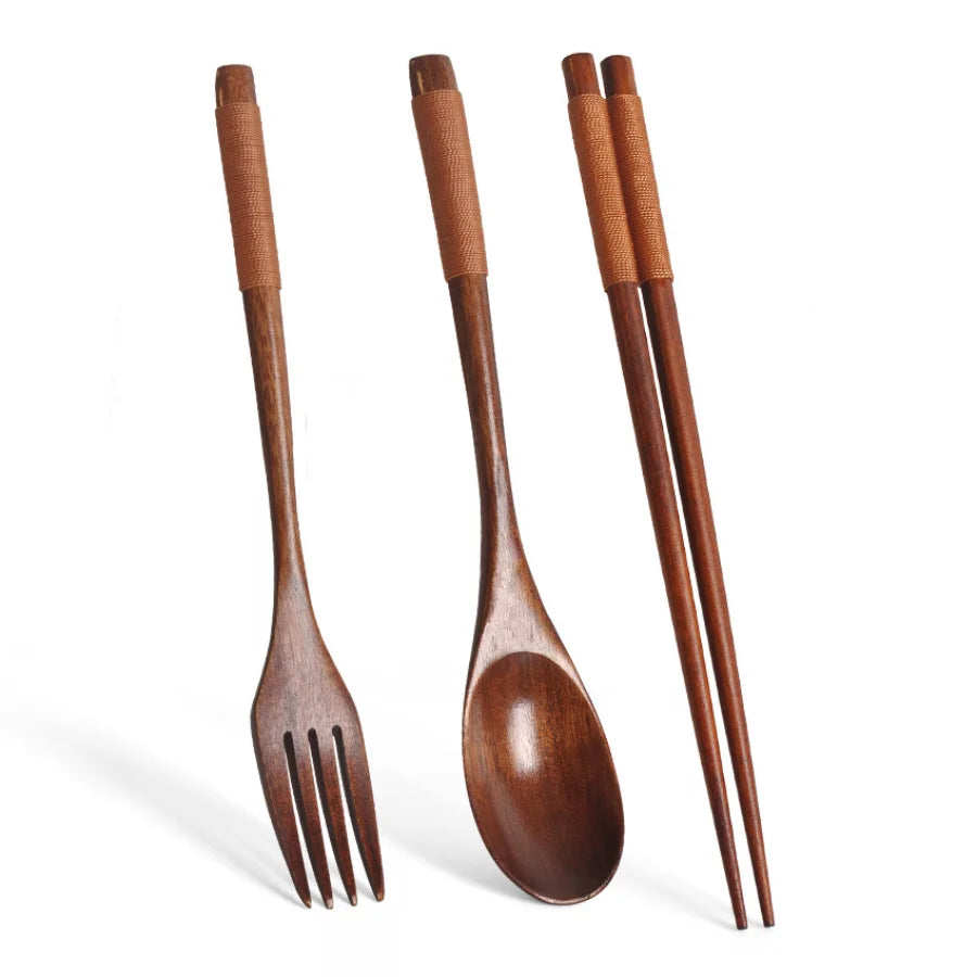 5-Piece Wooden Spoon and Fork Set – Eco-Friendly Natural Ellipse Ladle for Cooking, Tableware Accessories