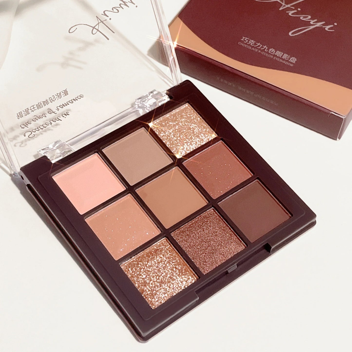 9-Color Chocolate Eyeshadow Palette – Pearl Shine, Fine Glitter, Matte Earth Tones & Highlighter Makeup