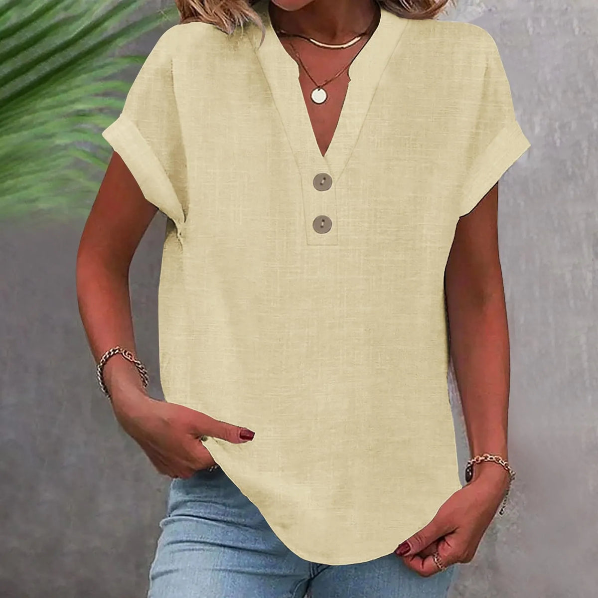 Women’s Cotton Linen Button-Down V-Neck Shirt – Breathable Solid Color Summer Office Casual Top 2025