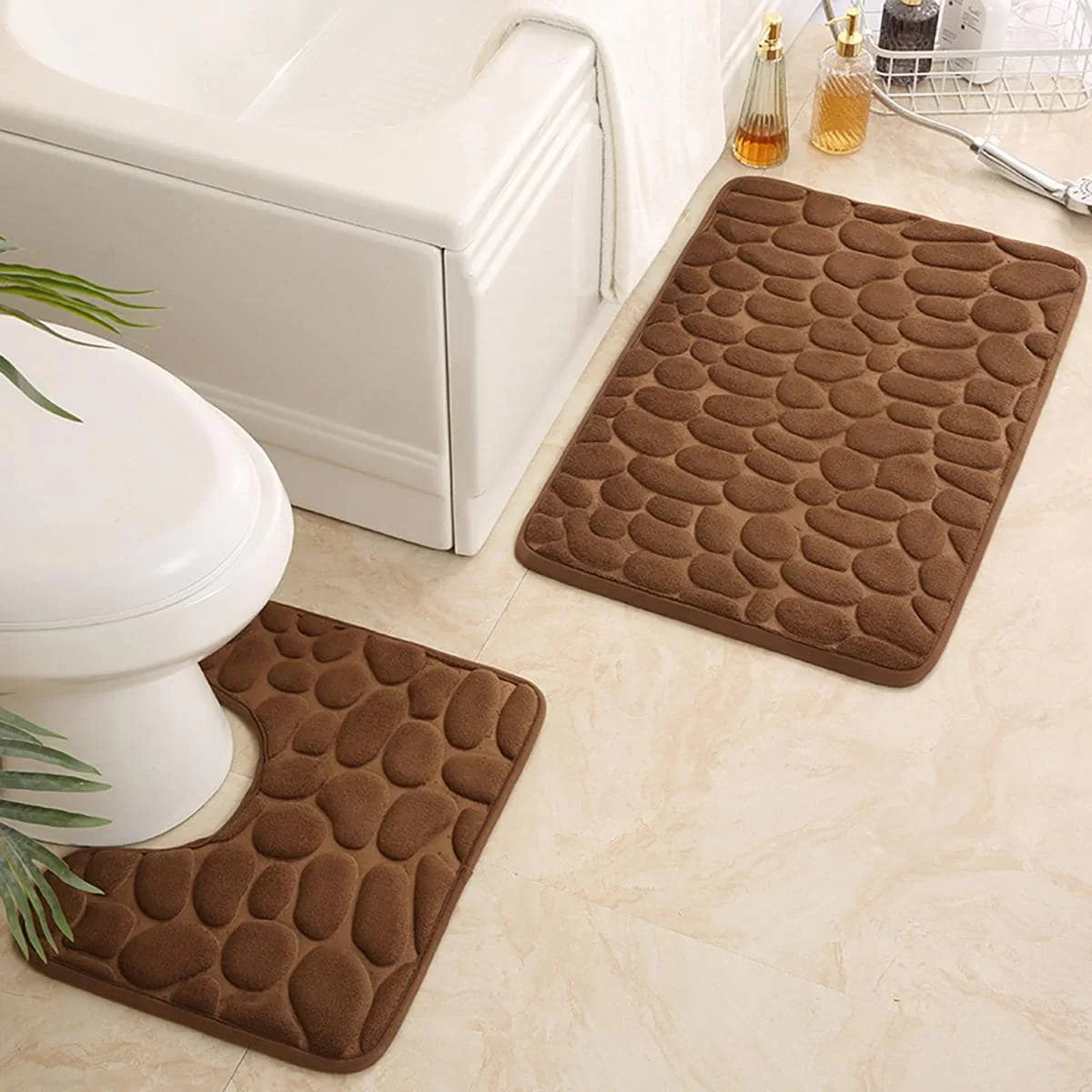 2PC Embossed Stone Pattern Toilet & Door Mats – Water-Absorbing, Non-Slip, Washable Home Decor Carpets